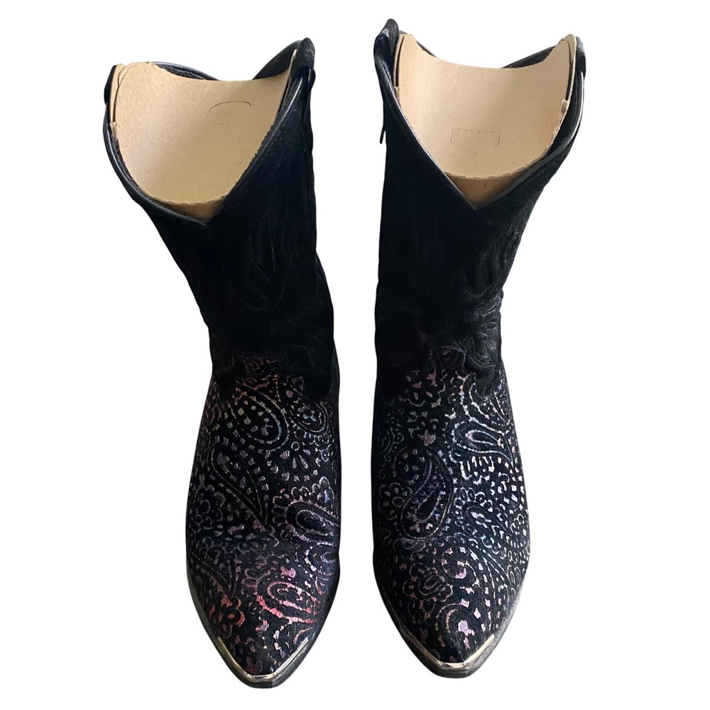 Vintage Sage Black Leather Suede Iridescent Western Cowboy Boot Womens Sz 8